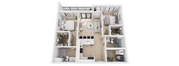 A top-down view of a small apartment with a kitchen, living room, and bathroom.