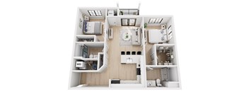A top down view of a small apartment with a kitchen, living room, and bedroom.