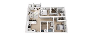 A floor plan of a house with a kitchen, living room, and bedrooms.