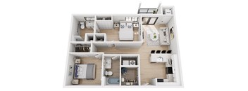 A top-down view of a well-organized apartment with a kitchen, living room, and bedroom.