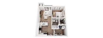a stylized floor plan with a bedroom and a living room