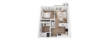 a stylized floor plan with a bedroom and living room