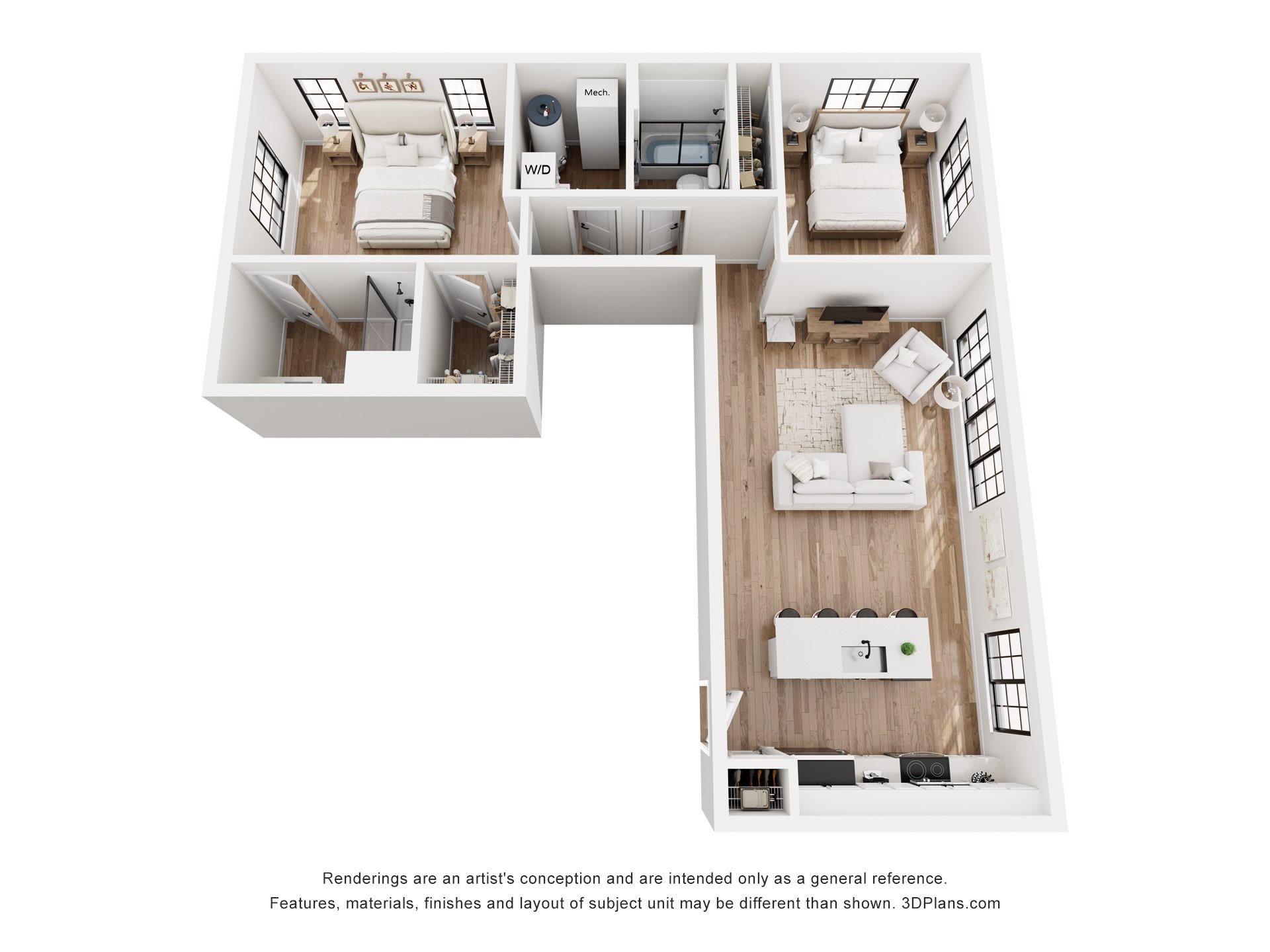 A 3D floor plan of an executive suite with a kitchen, living room, two bedrooms and two full bathrooms.