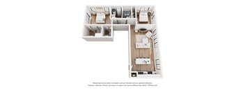 A 3D floor plan of a house with a kitchen, living room, and two bedrooms.