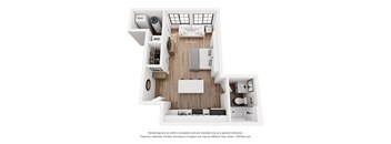 A 3D floor plan of a small apartment with a kitchen, living room, and bedroom.