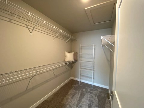 a walk in closet with a pillow on a shelf and a ladder