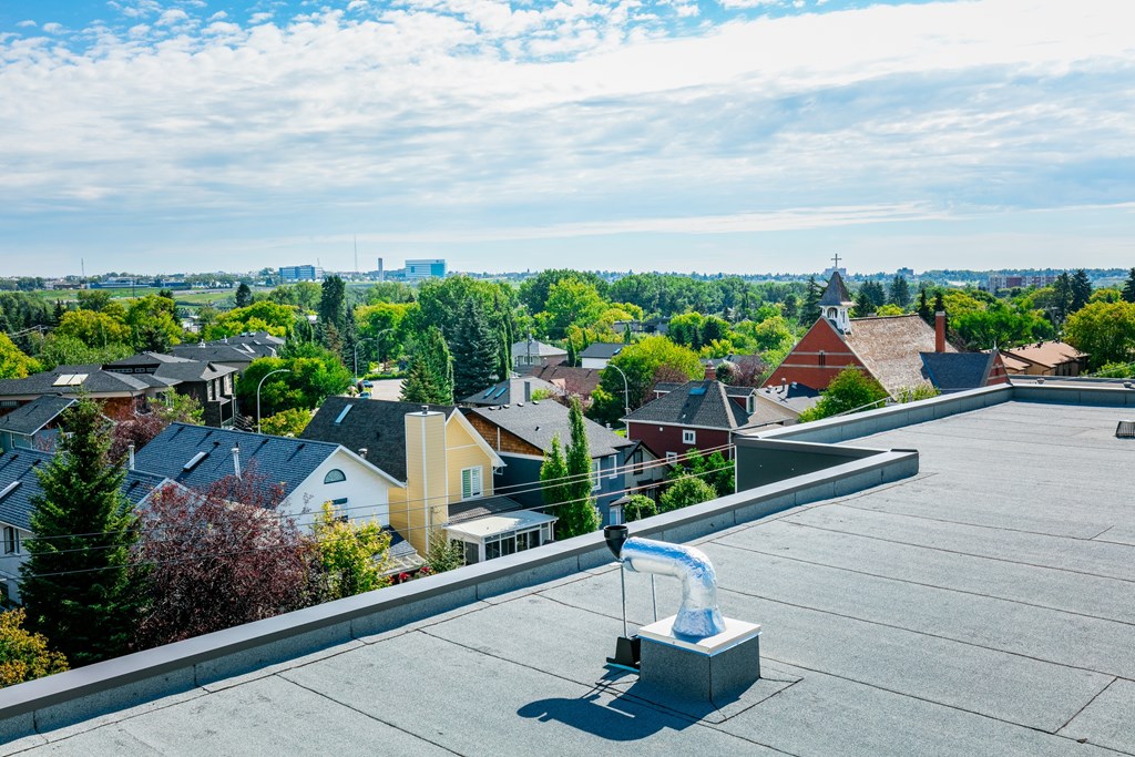 A rooftop view of a residential area with houses and trees.