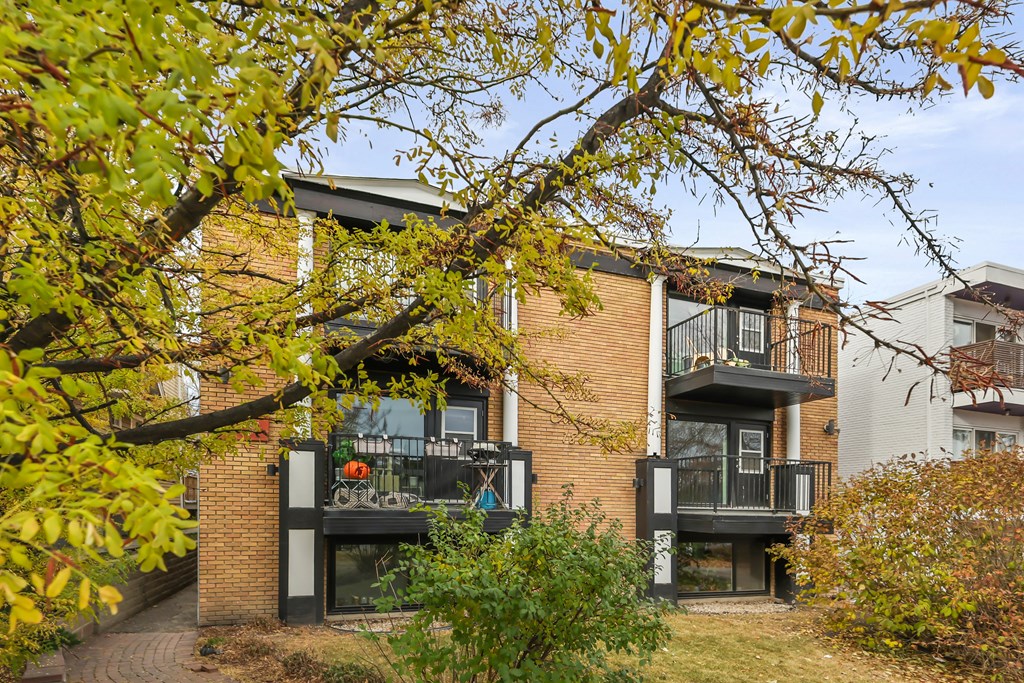 A modern apartment building with balconies and a tree in the foreground.