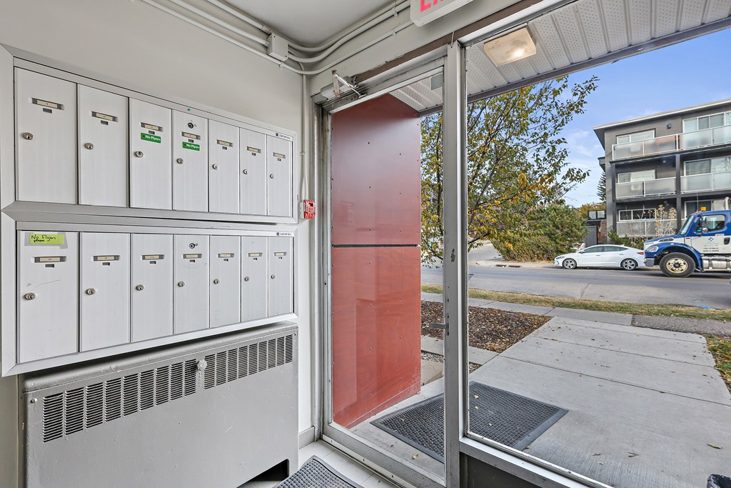 A red door is open to a mailbox.