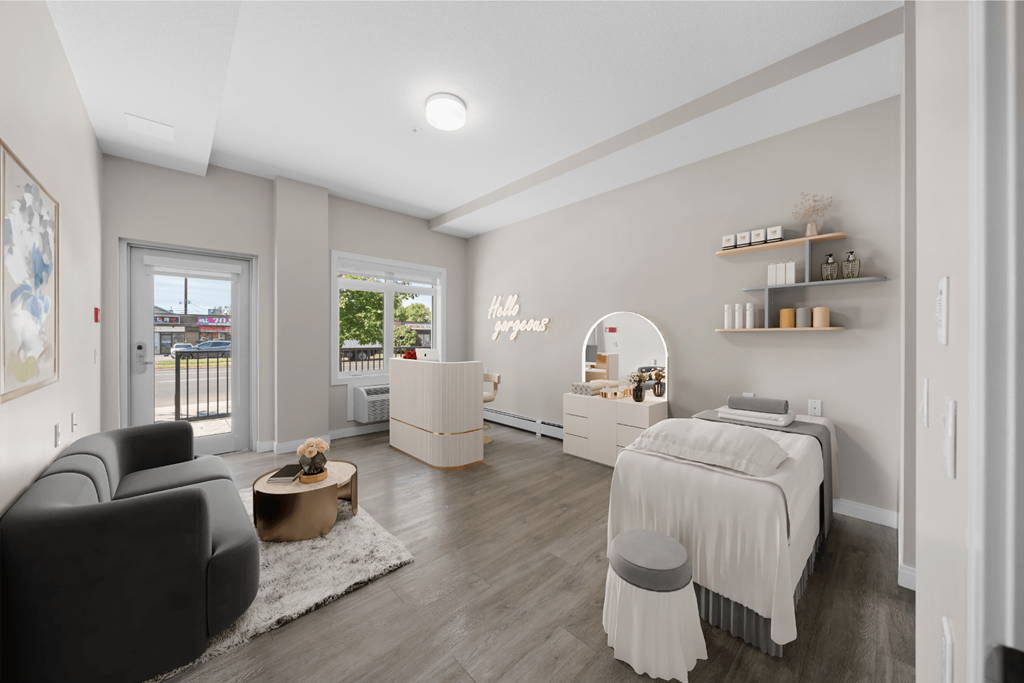 a living room with a bed and a couch