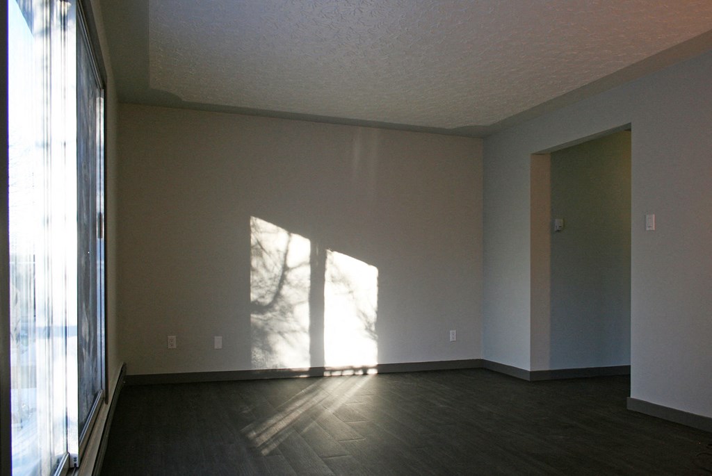 an empty living room with wood floors and a window