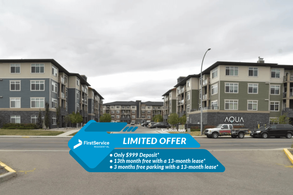A FirstService Limited Offer advertisement in front of apartment buildings.