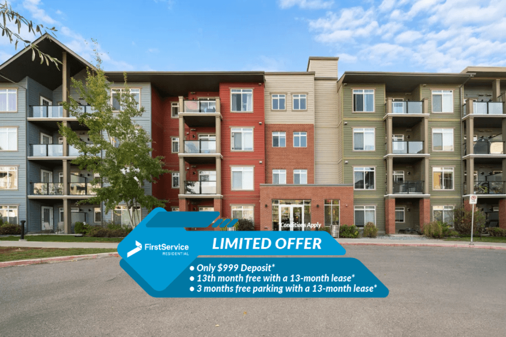 A building with a blue arrow sign in front of it advertising a limited offer.