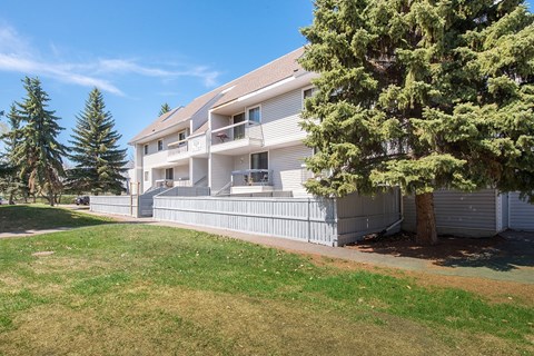 A large white building with a balcony and a tree in front of it.