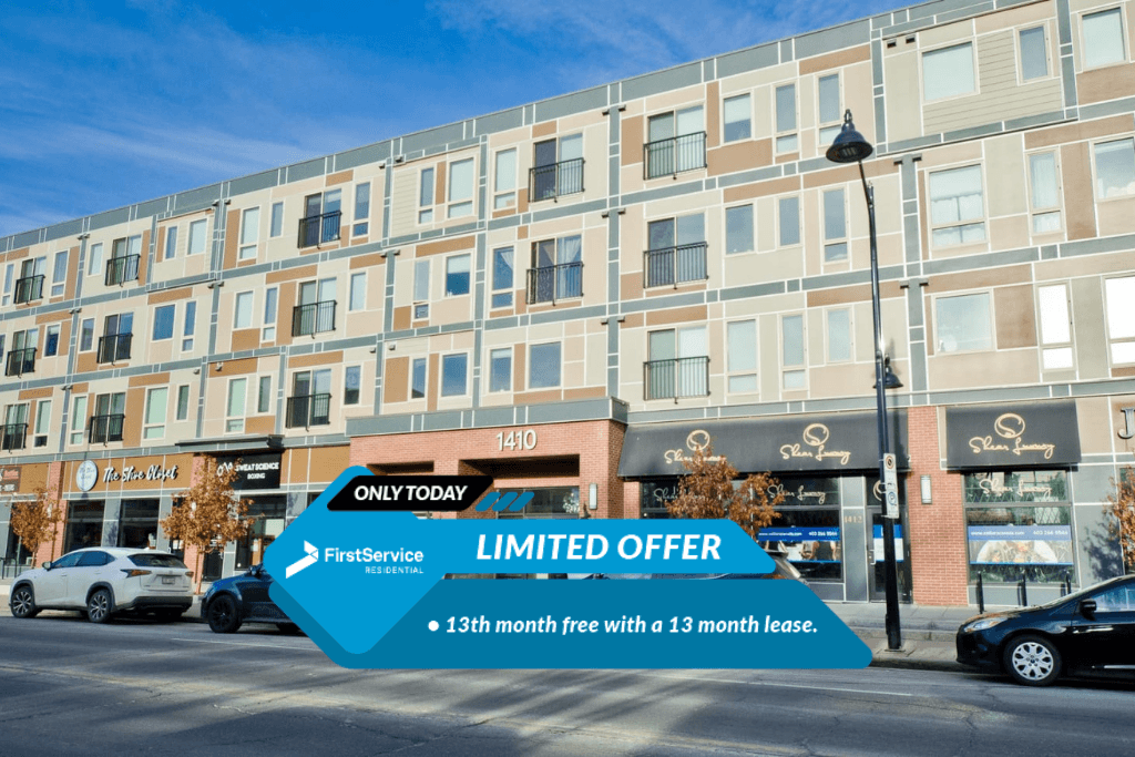 A building with a sign that says "ONLY TODAY LIMITED OFFER 13th month free with a 13 month lease."