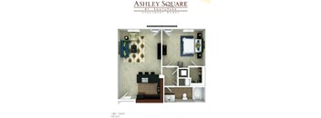 A floor plan of a 1 bedroom, 1 bath apartment at SouthPark Apartment Homes.