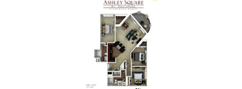 A floor plan of a 3 bedroom, 2 bathroom apartment at SouthPark.