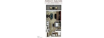 A poster for Ashley Square at Southpark Apartment Homes shows a studio apartment with a bathroom, kitchen, and living room.