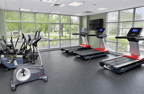 A gym with treadmills, elliptical machines, and a television.