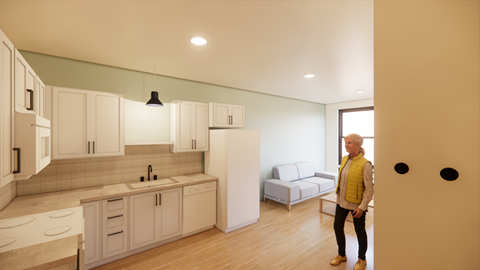 A woman is standing in a kitchen with a white counter and a sink.