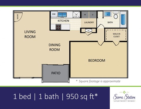 A floor plan of a one bedroom apartment with a living room, dining room, kitchen, bathroom, bedroom, and patio.