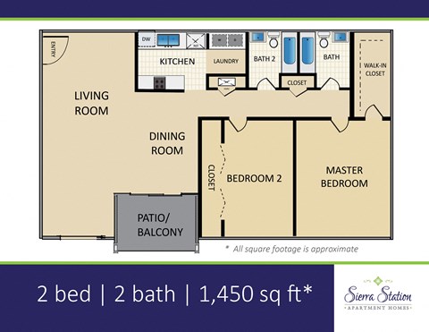 A floor plan for a 2 bedroom, 2 bathroom apartment of 1,450 square feet.
