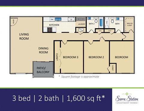 A floor plan for a 3 bedroom apartment with 2 bathrooms and a total area of 1,600 sq ft.