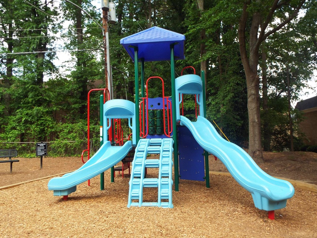 a playground with a blue slide and a red ladder