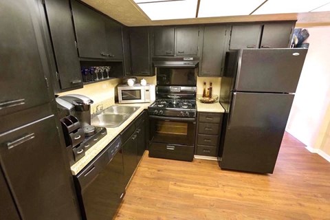 A kitchen with black cabinets and a black refrigerator.