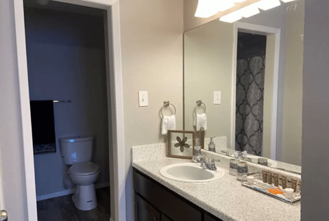 A bathroom with a toilet, sink, and mirror.