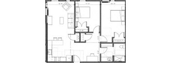 The 2 bed 1 bath unit is 959 sq feet, including one bathroom with wheelchair turn area right off the front door, a kitchen with sink, stove, and refrigerator, as well as a counter that can be prepared with chairs, and two bedrooms right next to each other, each with closets. There is also two small storage spaces for use between the living room and kitchen and one just before the smaller bedroom.