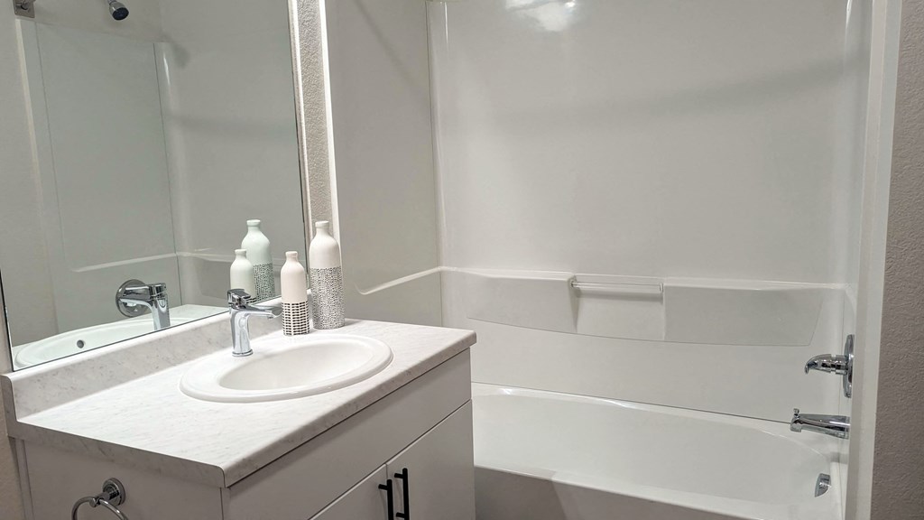 a bathroom with a sink and a shower and a mirror