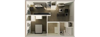Floorplan shows bedroom with windows across from decent kitchen.