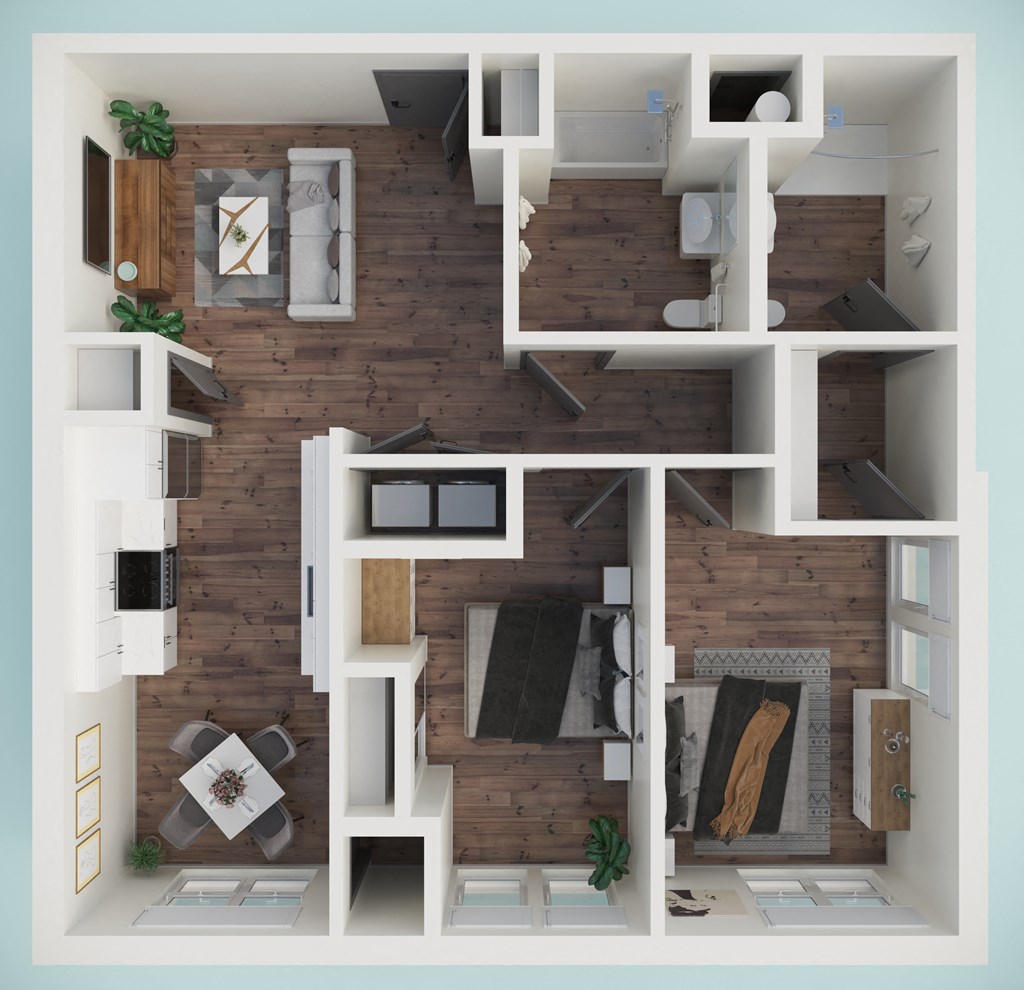 a 3d rendering of a 1 bedroom apartment with a wood accent wall