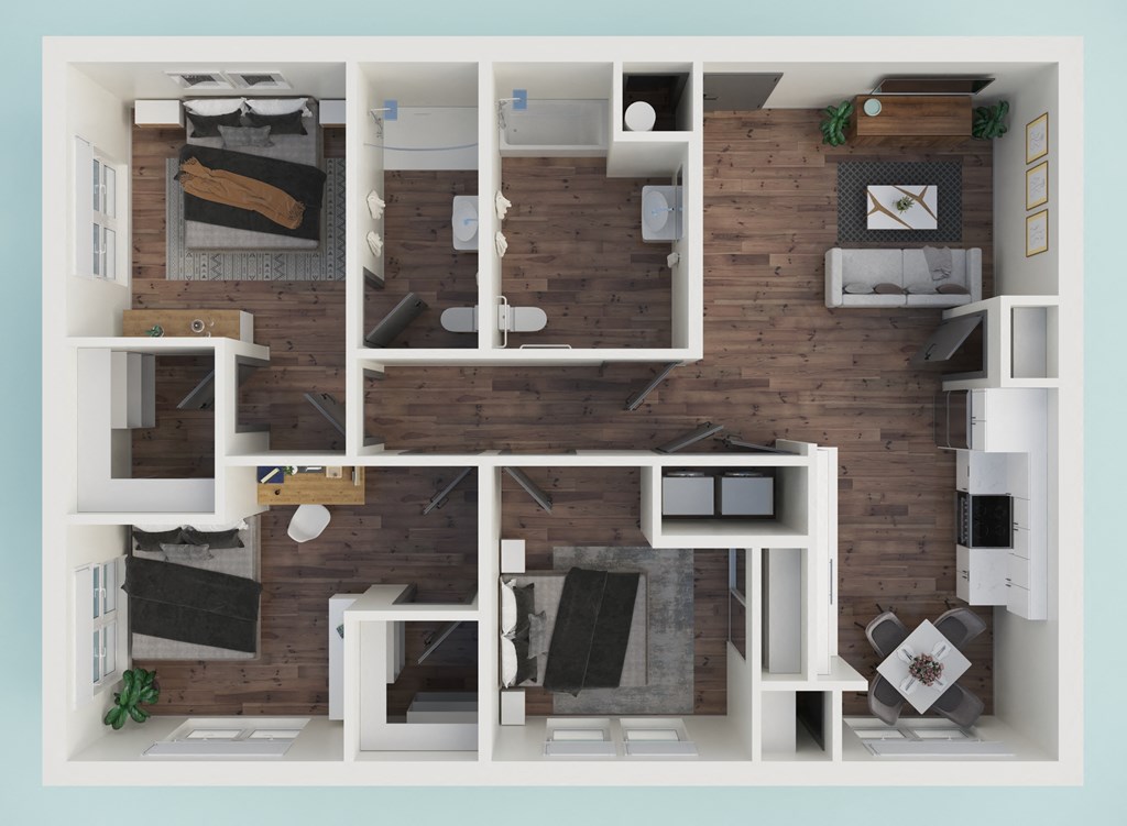 a 3d rendering of a 1 bedroom 395 sq ft apartment