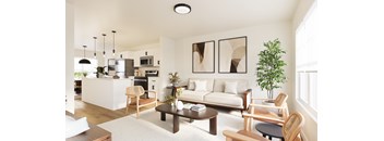 A modern living room with a white sofa, wooden chairs, and a coffee table.