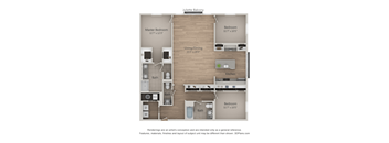 A floor plan of a Juliette Balcony apartment with a living/dining area, kitchen, and three bedrooms.