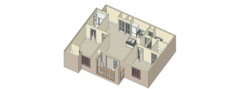 A 3D diagram of a building with multiple rooms and windows.