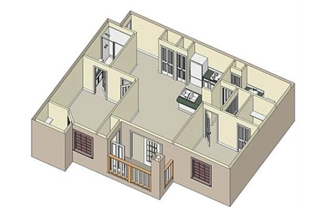 A 3D diagram of a building with multiple rooms and windows.