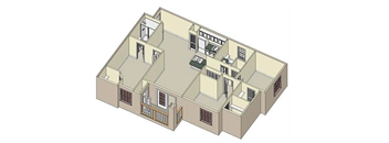 A 3D diagram of a multi-level building with rooms and corridors.