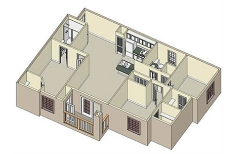 A 3D diagram of a multi-level building with rooms and corridors.