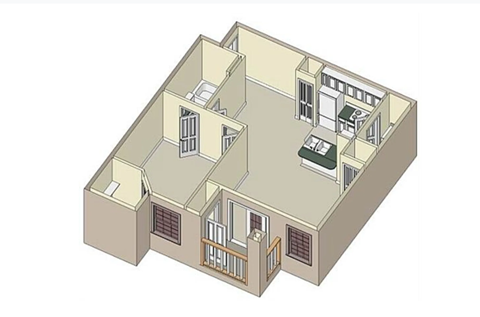 A 3D isometric view of a house with multiple rooms and windows.