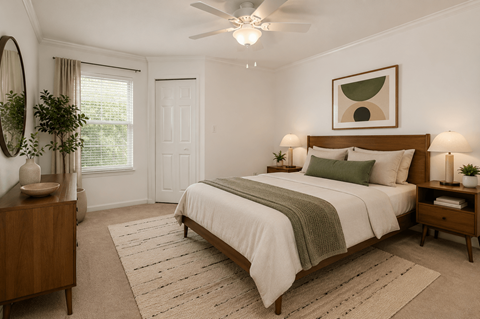 A bedroom with a large bed, a wooden dresser, and a ceiling fan.