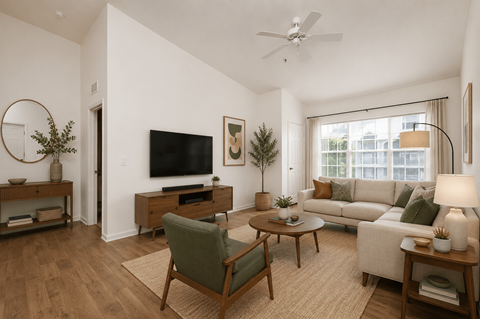 A living room with a green chair and a white couch.