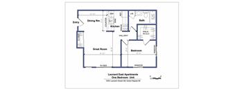 A floor plan of a one bedroom apartment with a dining room, kitchen, bathroom, and great room.