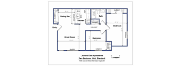 A floor plan of the Leonard East Apartments two bedroom unit.
