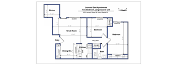 A floor plan of apartment with two bedrooms and a large alcove unit.