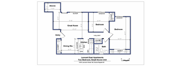 A floor plan of the Leonard East Apartments showing a two bedroom, small alcove unit.