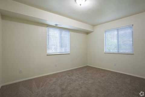 A room with carpeted floor and two windows with blinds.
