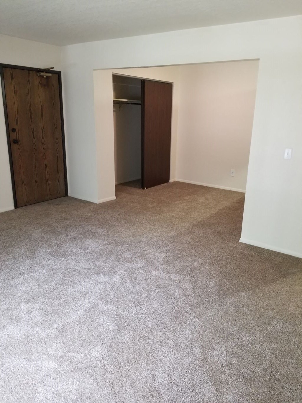 an empty living room with carpet and a closet